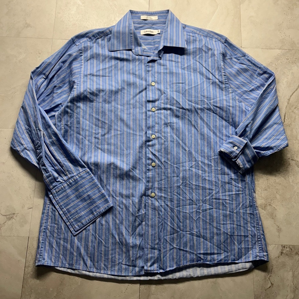 Calvin Klein Dress Shirt Blue Mens 16.5 32/33 French Cuff Striped Cotton Formal